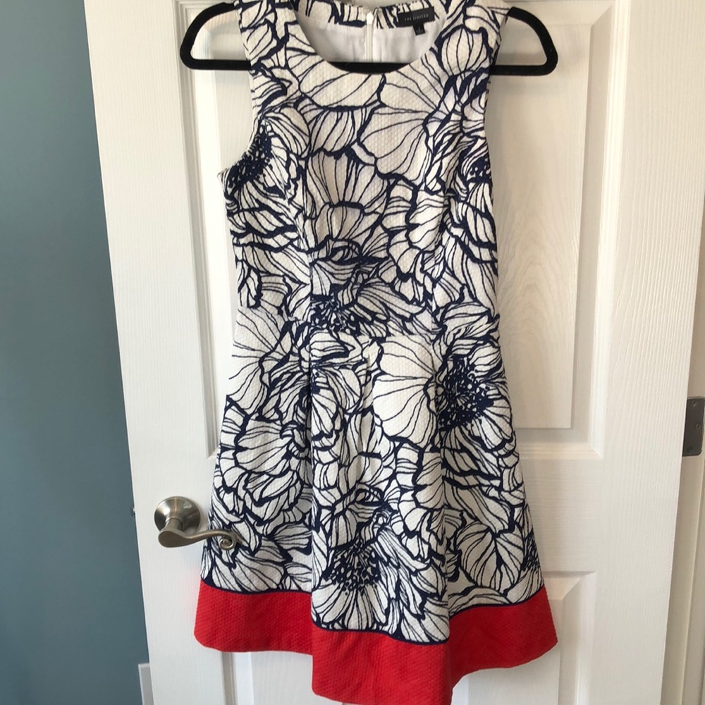 White, navy floral, coral bottom fit and flare